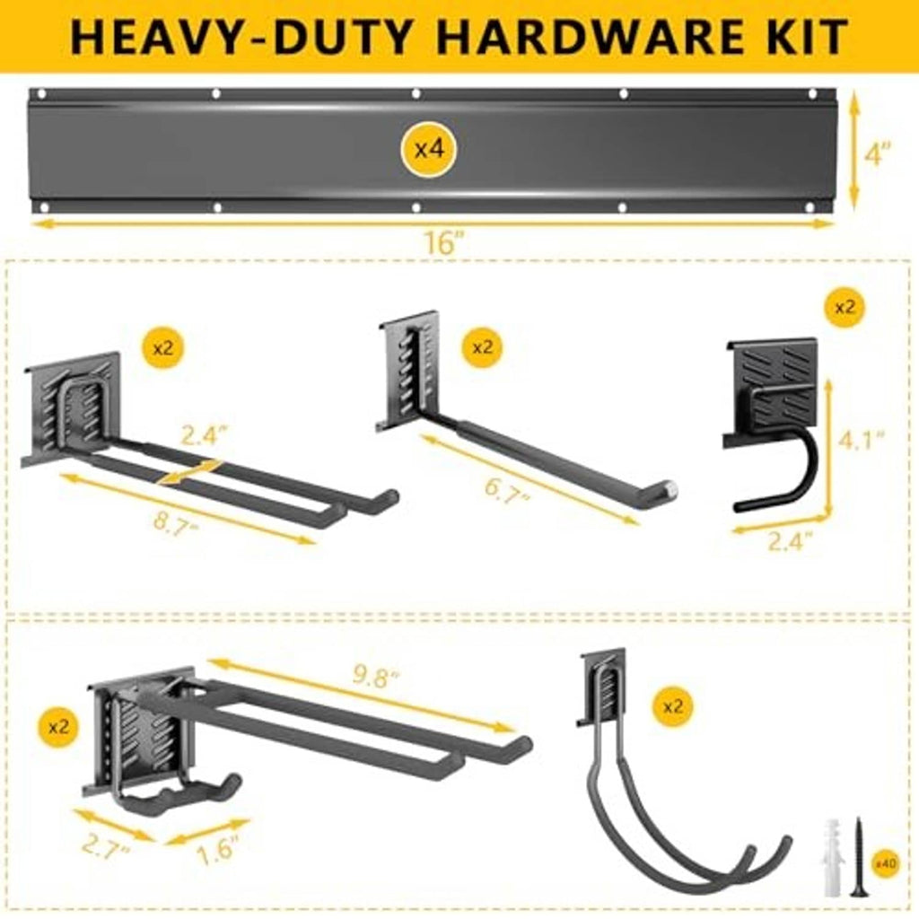 Wall organizer hardware kit with brackets, long bars, and curved hook pieces