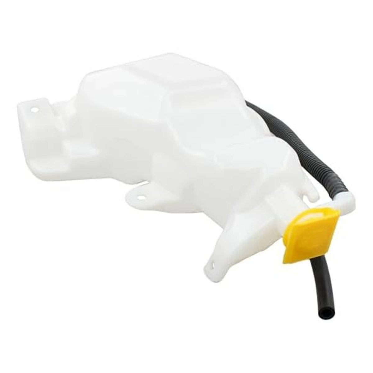 White coolant recovery tank with yellow cap and connected black hose outlets