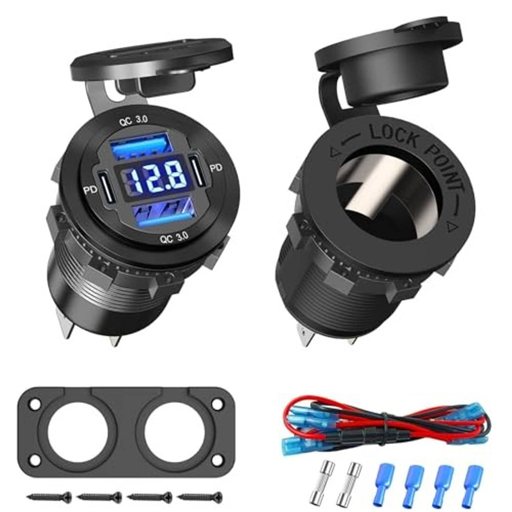Black dual USB charging socket set with mounting panel, wires, and LED voltage display
