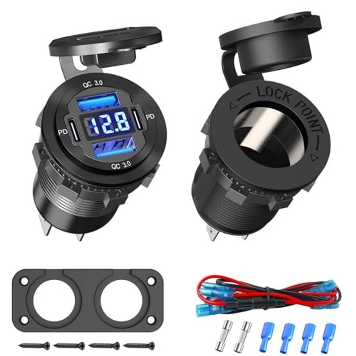 Black dual USB charging socket set with mounting panel, wires, and LED voltage display