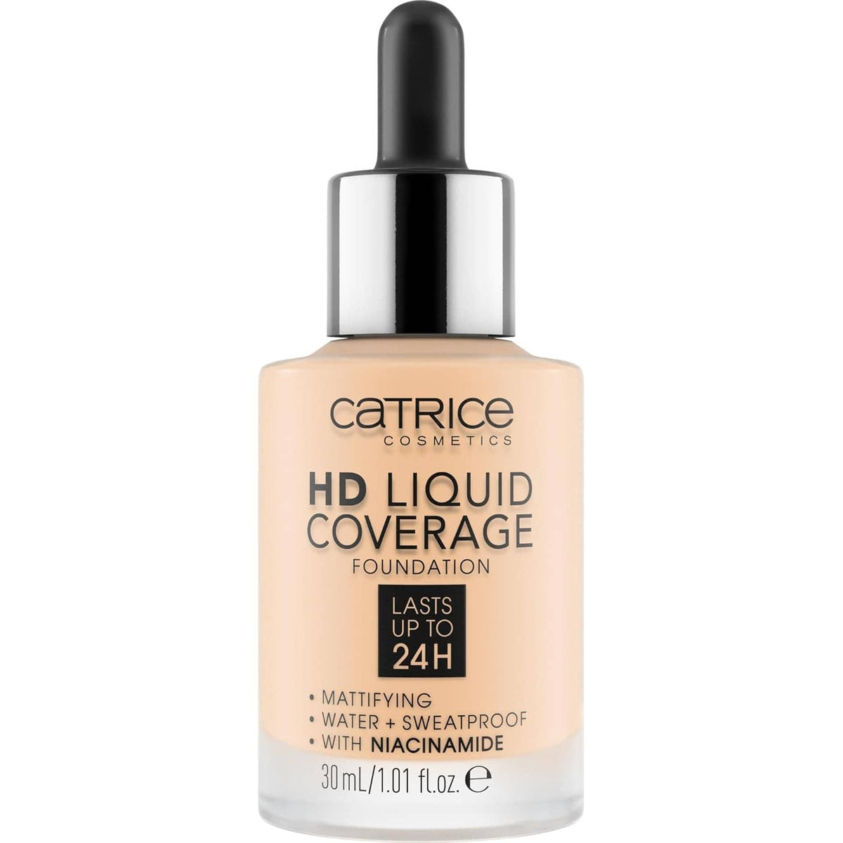 Liquid foundation bottle with black dropper, porcelain beige tone