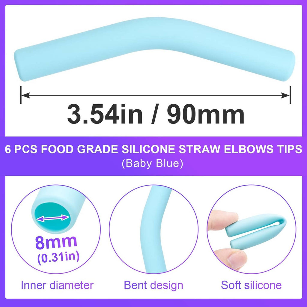 Light blue silicone straw elbow tips, 3.54 in (90 mm), 8mm inner, 6 pcs
