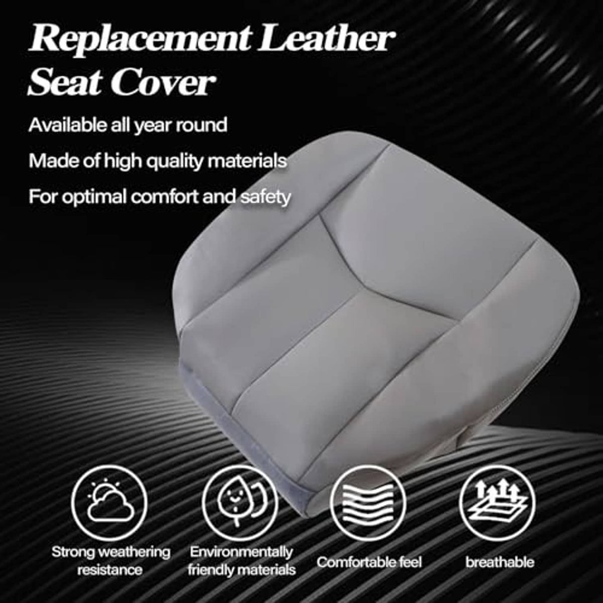 Gray leather seat cover with water-splash performance graphic