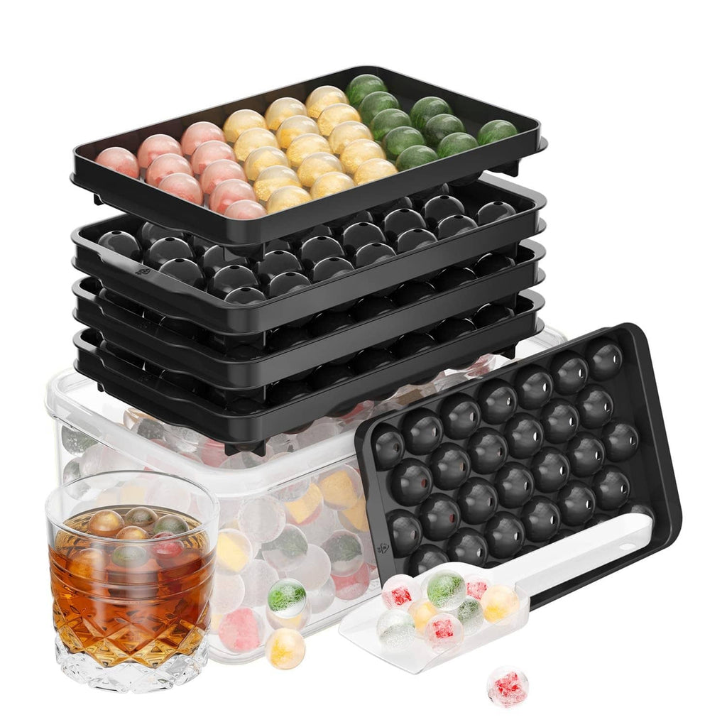 Black ice cube tray set with lid and clear bin, stacked with cube molds