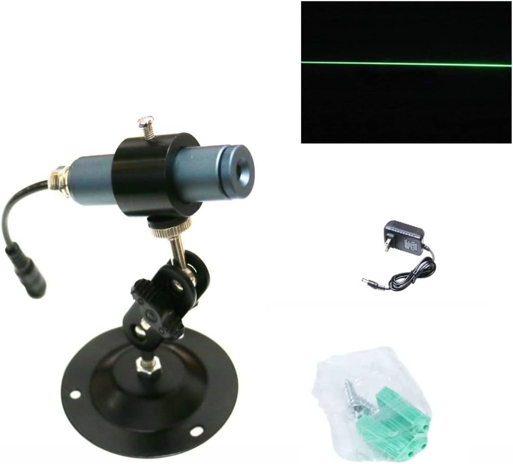 Green laser line projector diode module with black base, cylindrical housing, and wire leads