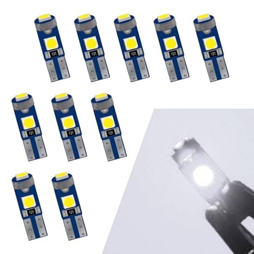 Pack of T5 wedge LED bulbs, several blue boards with yellow LED chips and silver wedge bases