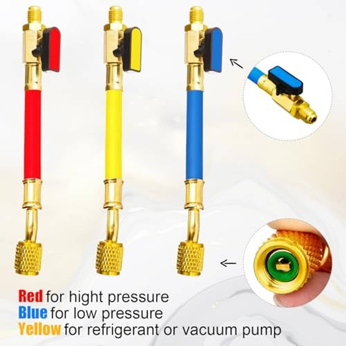 Close-up of red, yellow, and blue hoses with brass threaded ends and valve switches