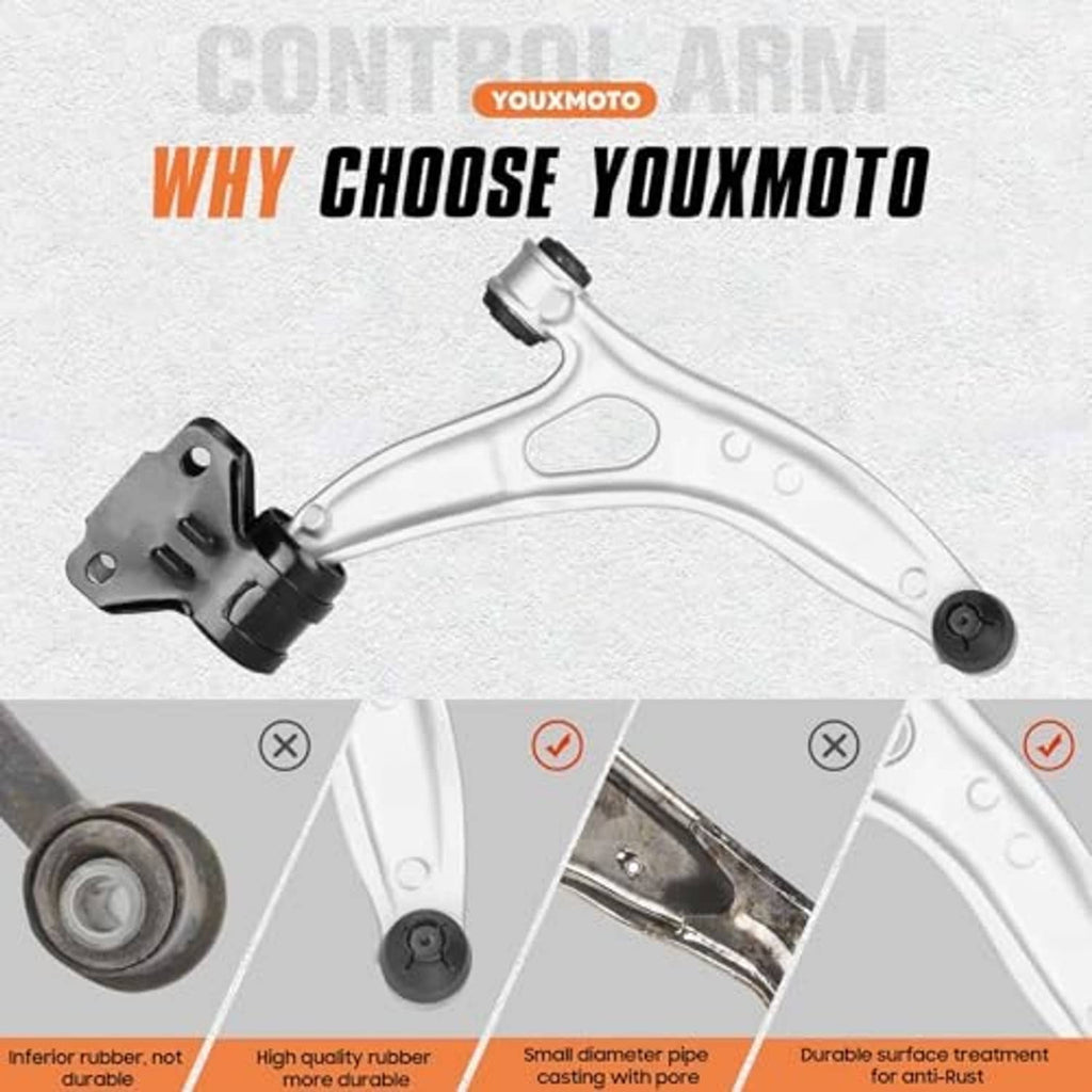 Single front lower control arm with bushings, shown in an infographic layout