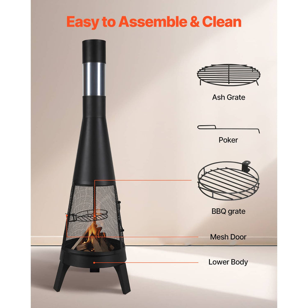 Outdoor chiminea firepit showing ash grate, BBQ grate, and mesh door at the front