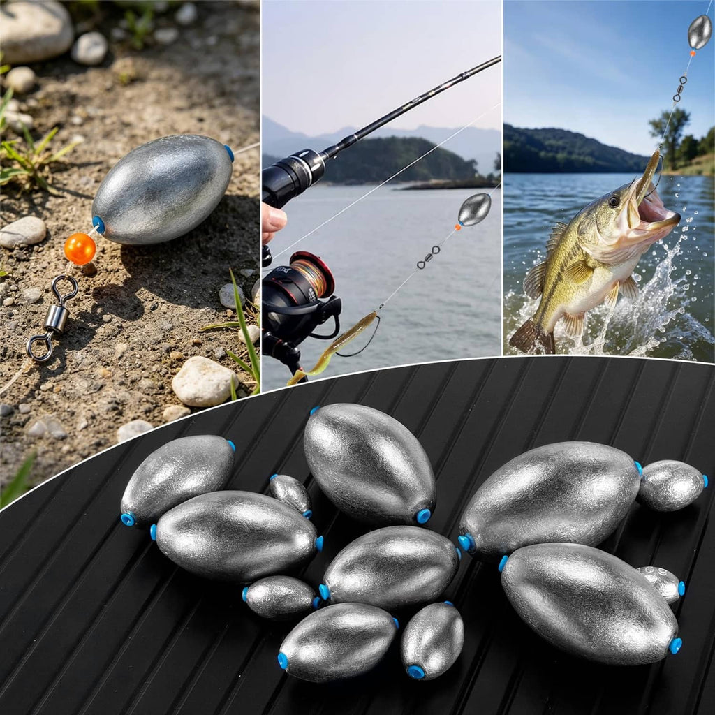 Oval lead fishing sinkers, dark gray metal, with blue line attachments