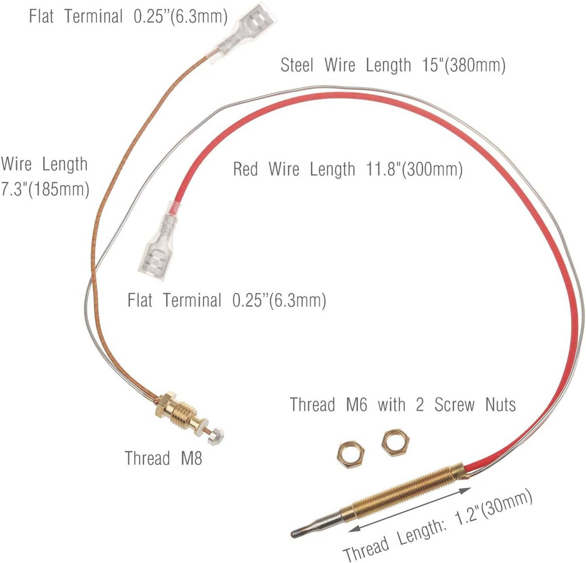 Thermocouple sensor harness with flat terminals, red wire leads, M8 threaded end nuts