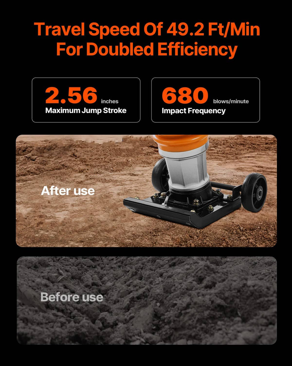 Gas powered jumping jack tamper compactor with orange shock spring and black base