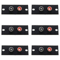 RCA terminal wall plate set, black with gold-ring and red RCA jacks and mounting holes.