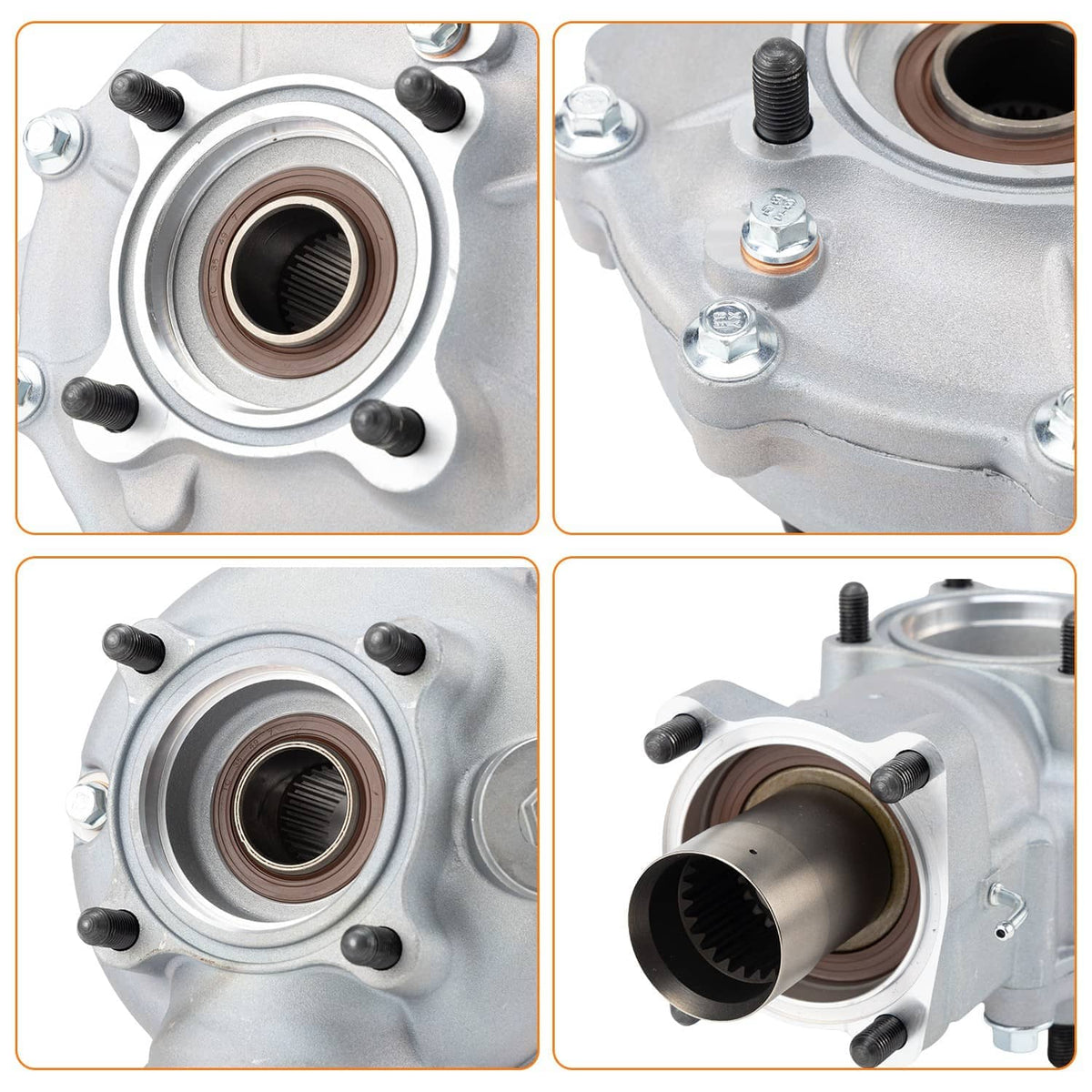 Rear differential bearing hub and seal area, close-up details on silver housing