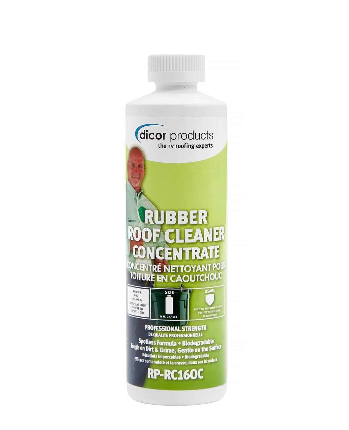 White plastic bottle of Dicor Rubber Roof Cleaner Concentrate