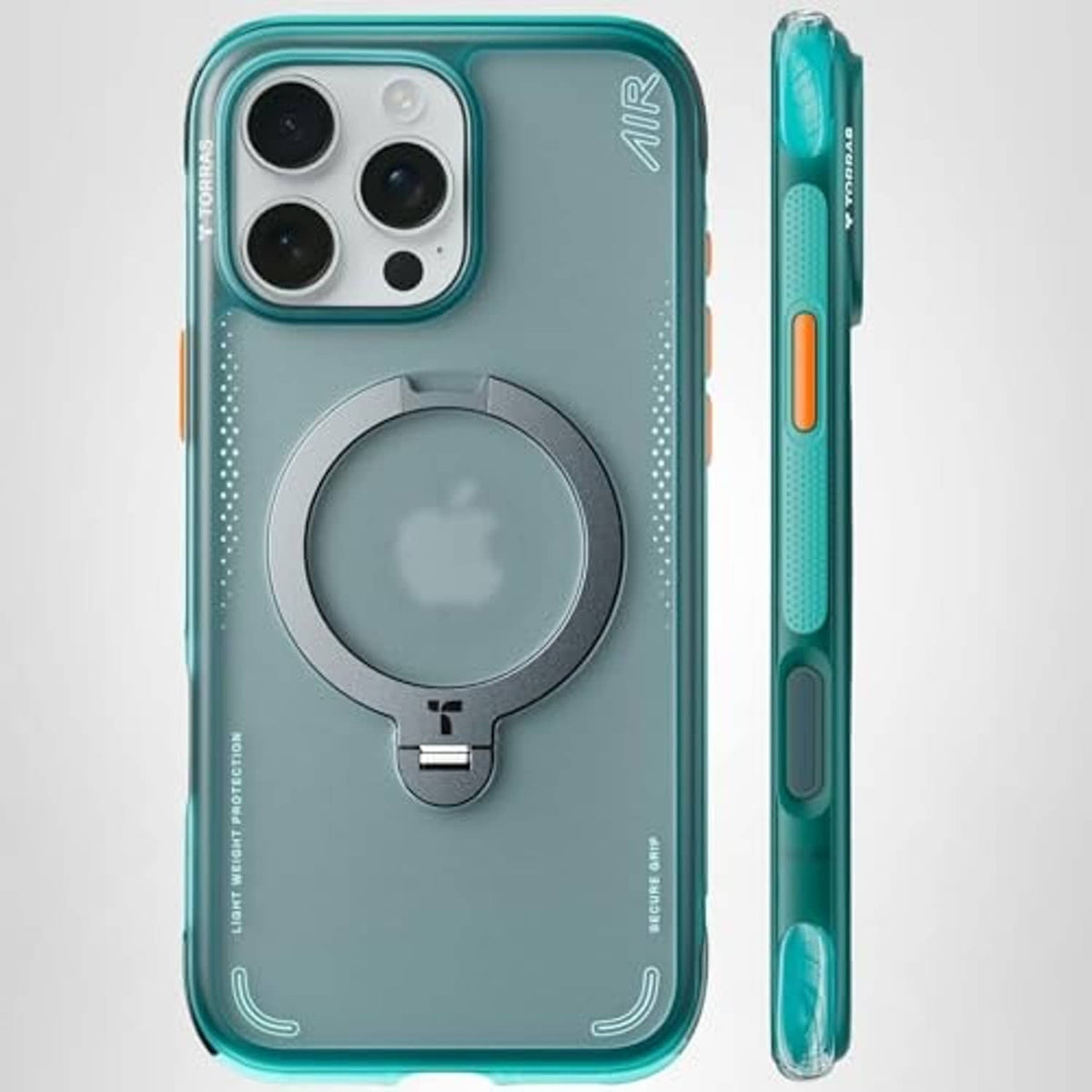 Teal iPhone 17 case back with circular stand ring and side button cutouts
