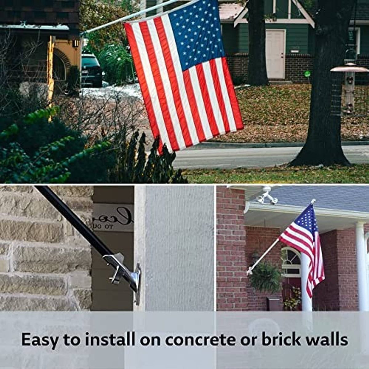 Stainless steel flag pole holder mounted on wall, supporting a flagpole
