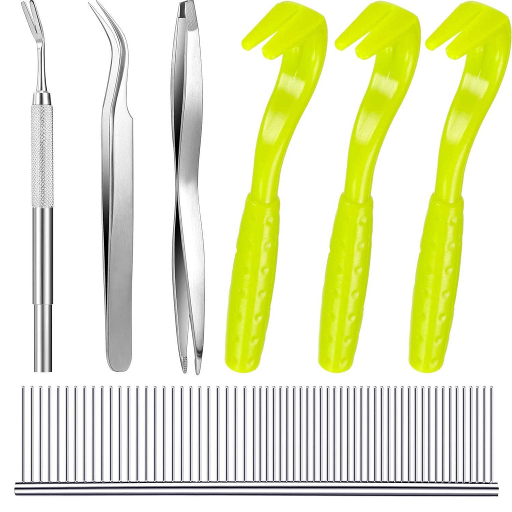 Tick removal tool kit with stainless steel picks and three lime green plastic removers