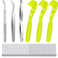 Tick removal tool kit with stainless steel picks and three lime green plastic removers