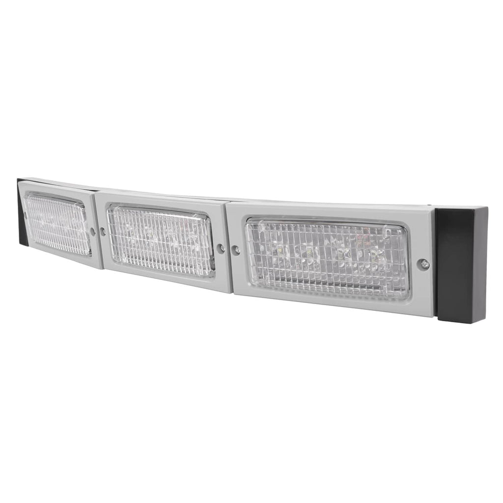 Three rectangular LED headlight lights on a gray mounting bar with black end brackets