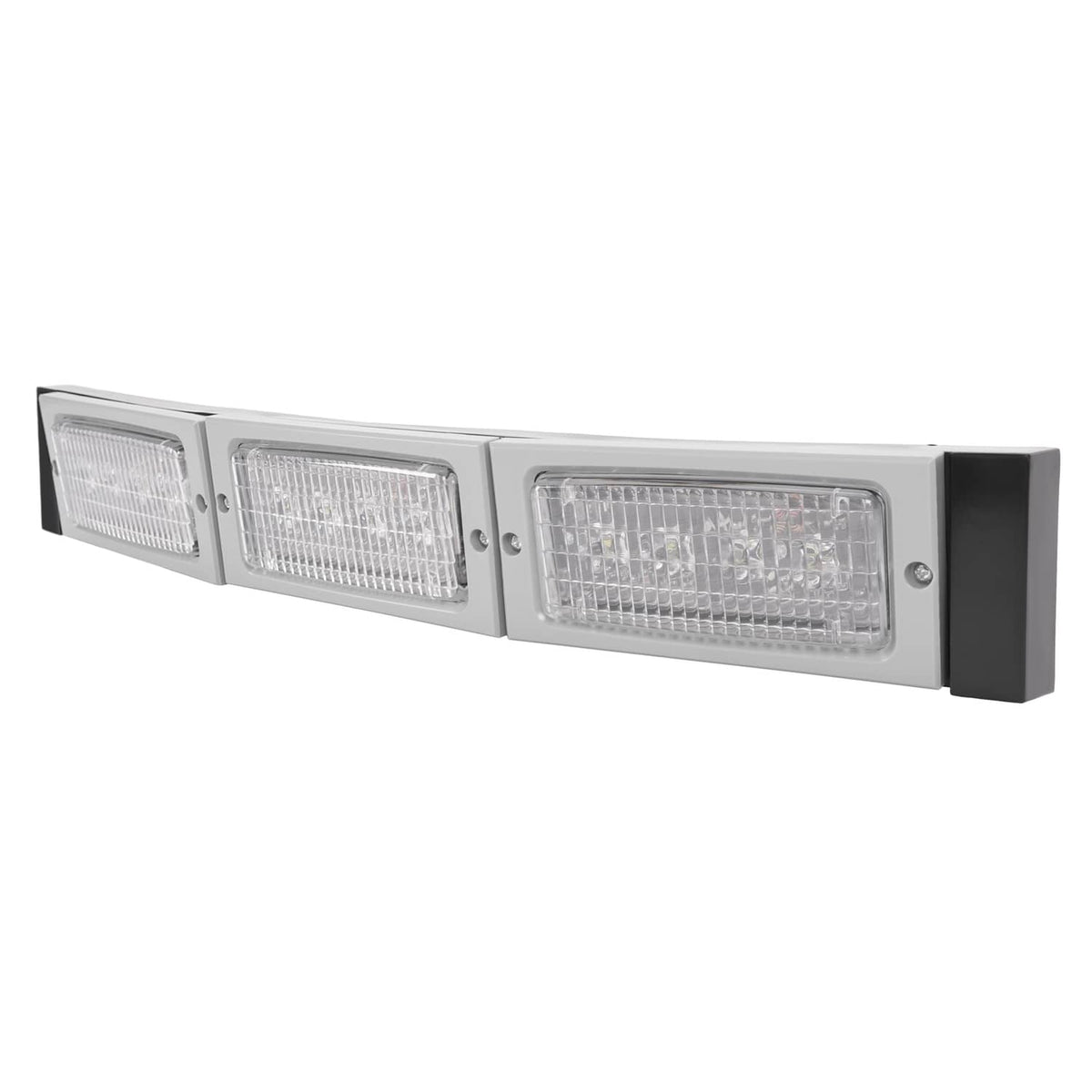 Three rectangular LED headlight lights on a gray mounting bar with black end brackets