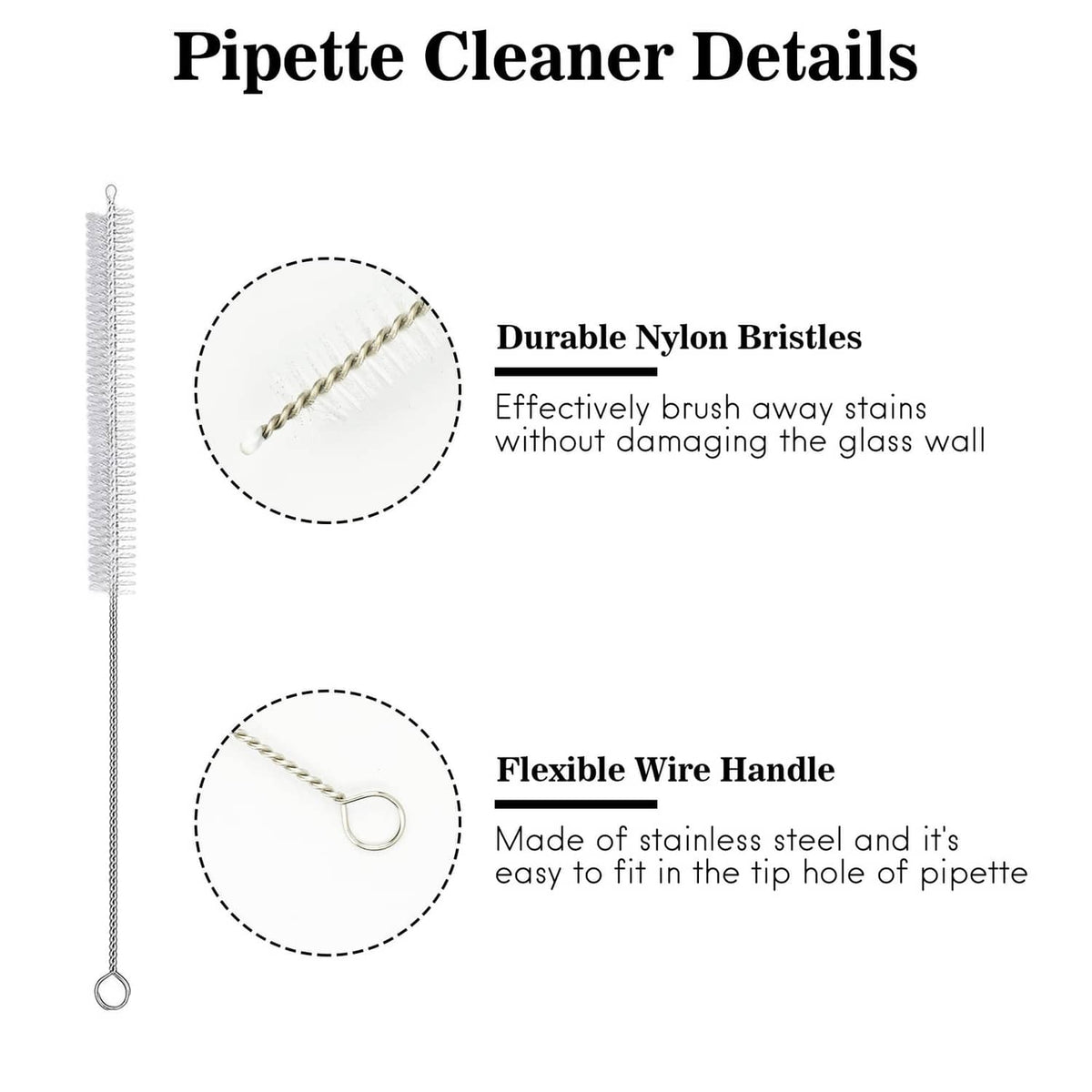 Pipette cleaner brush with stainless steel wire handle and nylon bristles