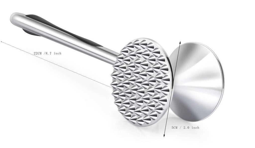 Double-sided meat tenderizer hammer with textured and flat heads, about 7.8 in long