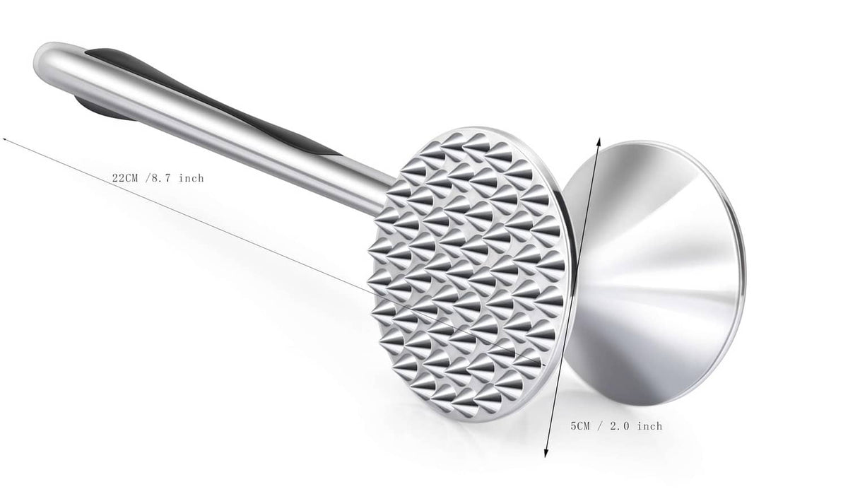 Double-sided meat tenderizer hammer with textured and flat heads, about 7.8 in long