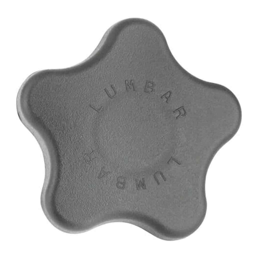 Gray cross-shaped seat lumbar support knob cover with embossed markings