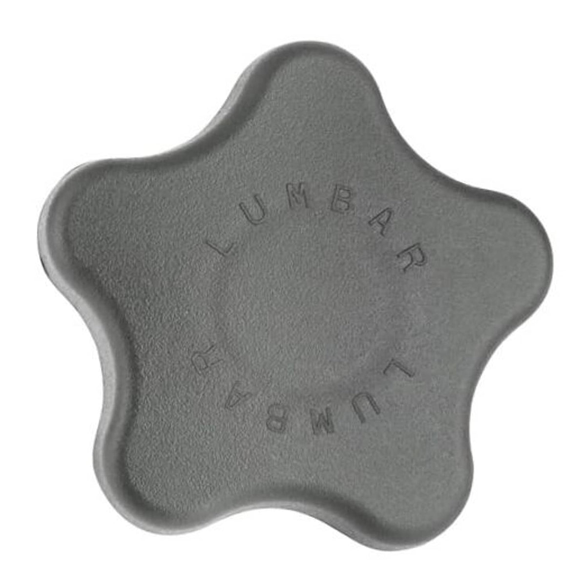 Gray cross-shaped seat lumbar support knob cover with embossed markings