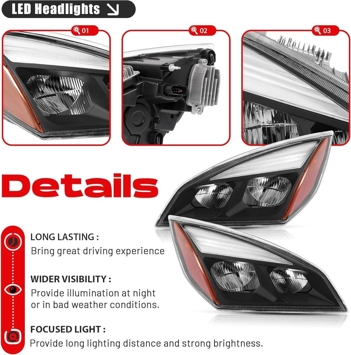 LED truck headlight details with clear lens, black reflector housing, and amber accents
