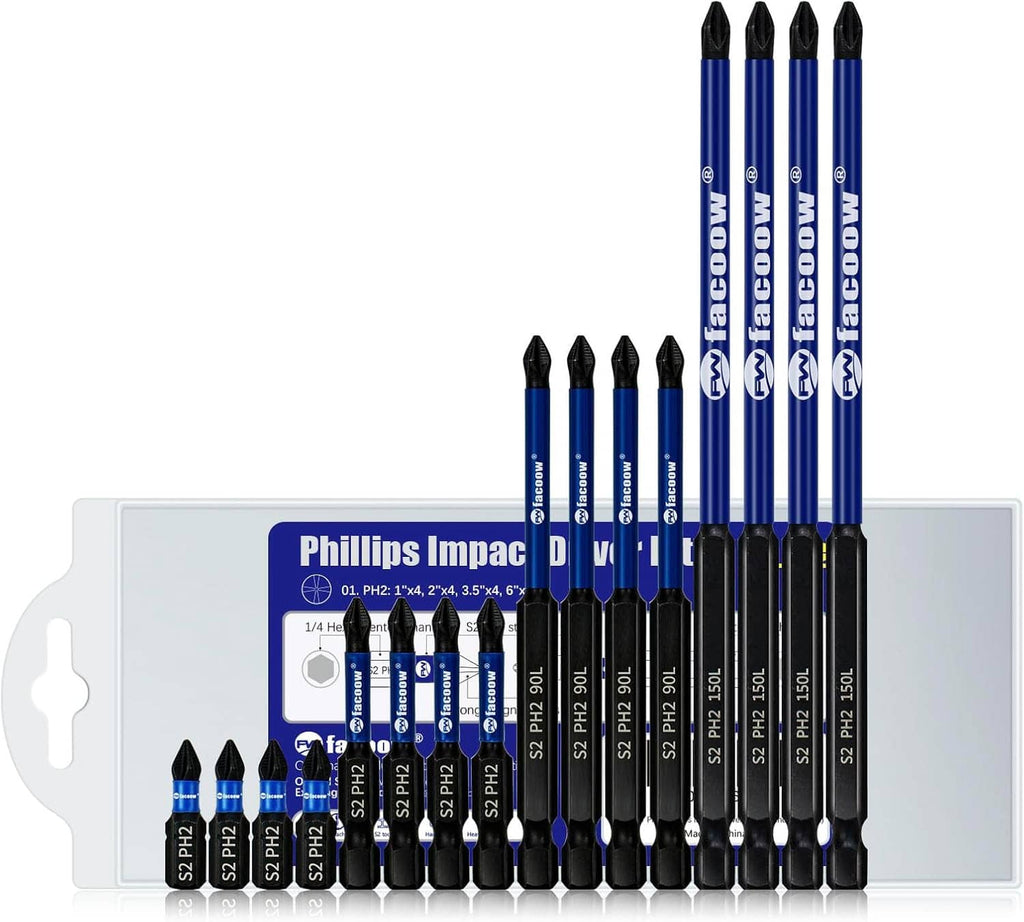 16-pack Phillips impact driver bits with blue shafts and black magnetic tips