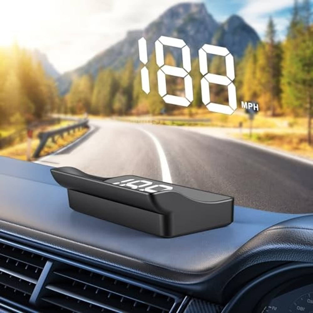 HUD speedometer unit on car dashboard displaying 168 mph in bright white digits