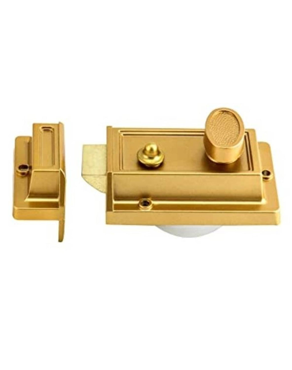 Gold rim deadbolt lock with extended latch and rectangular exterior plate
