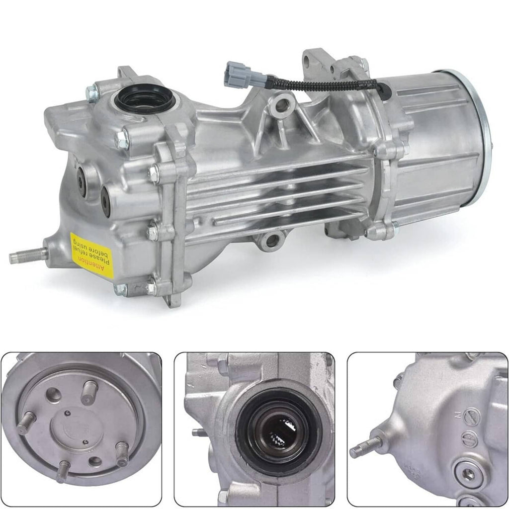 Rear differential carrier and transfer case assembly, silver metal housing with side flange