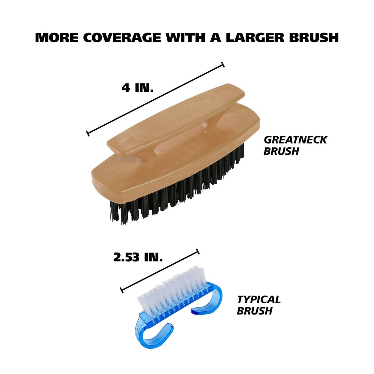 Large nail brush with 4 in long tan handle and black stiff bristles
