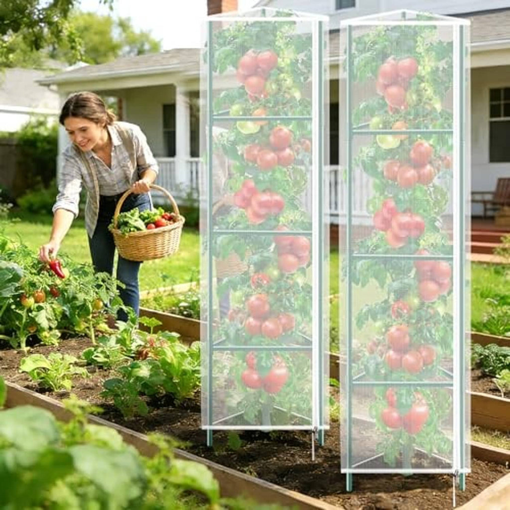 White mesh plant cover netting over a tall tomato cage in a raised garden bed.