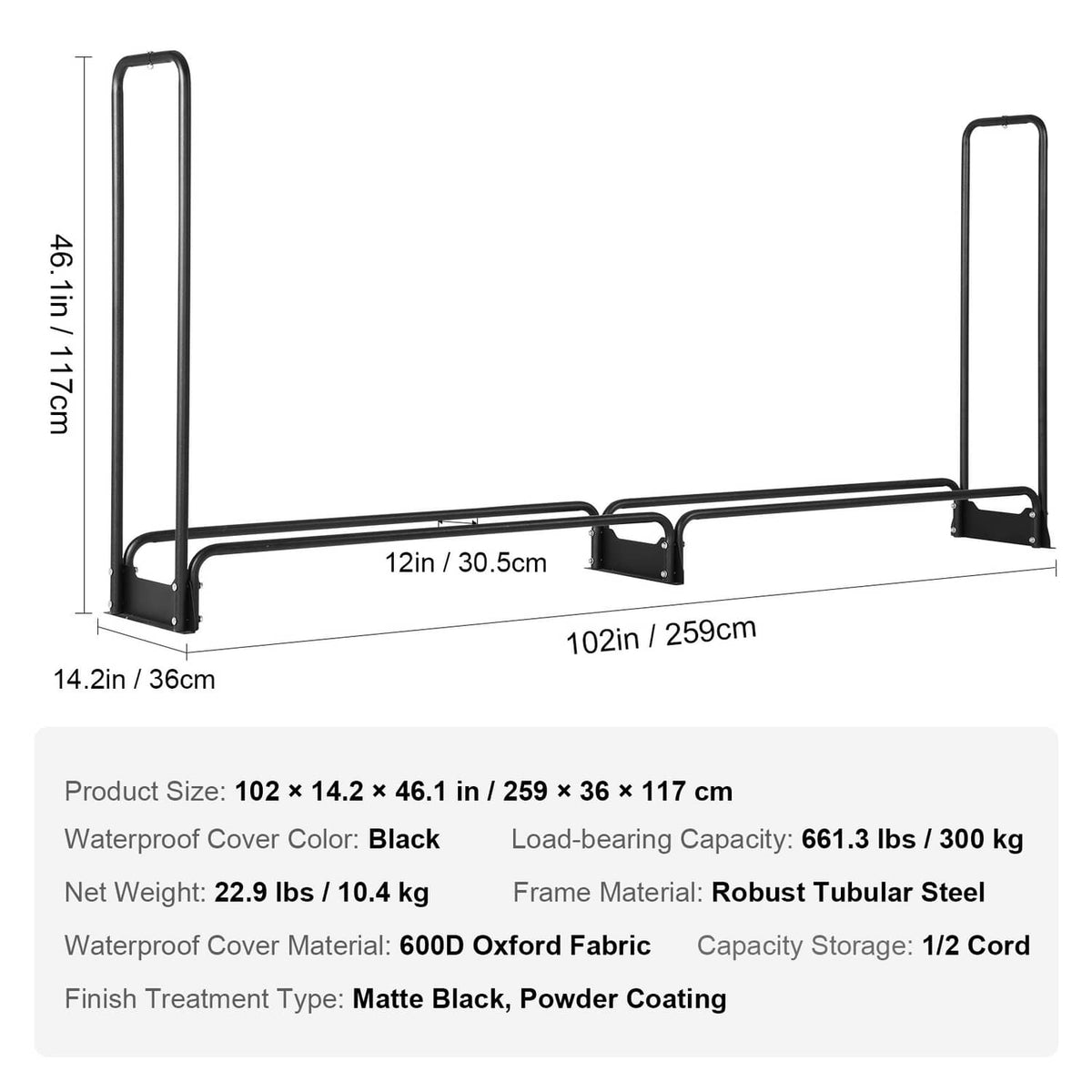 Firewood rack frame with U-shaped legs and top handles, shown with dimensions