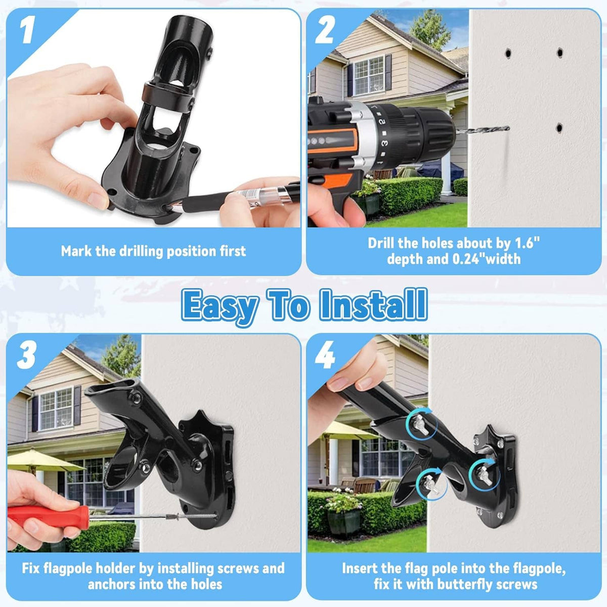 Black flagpole bracket with base plate and screw holes for installation