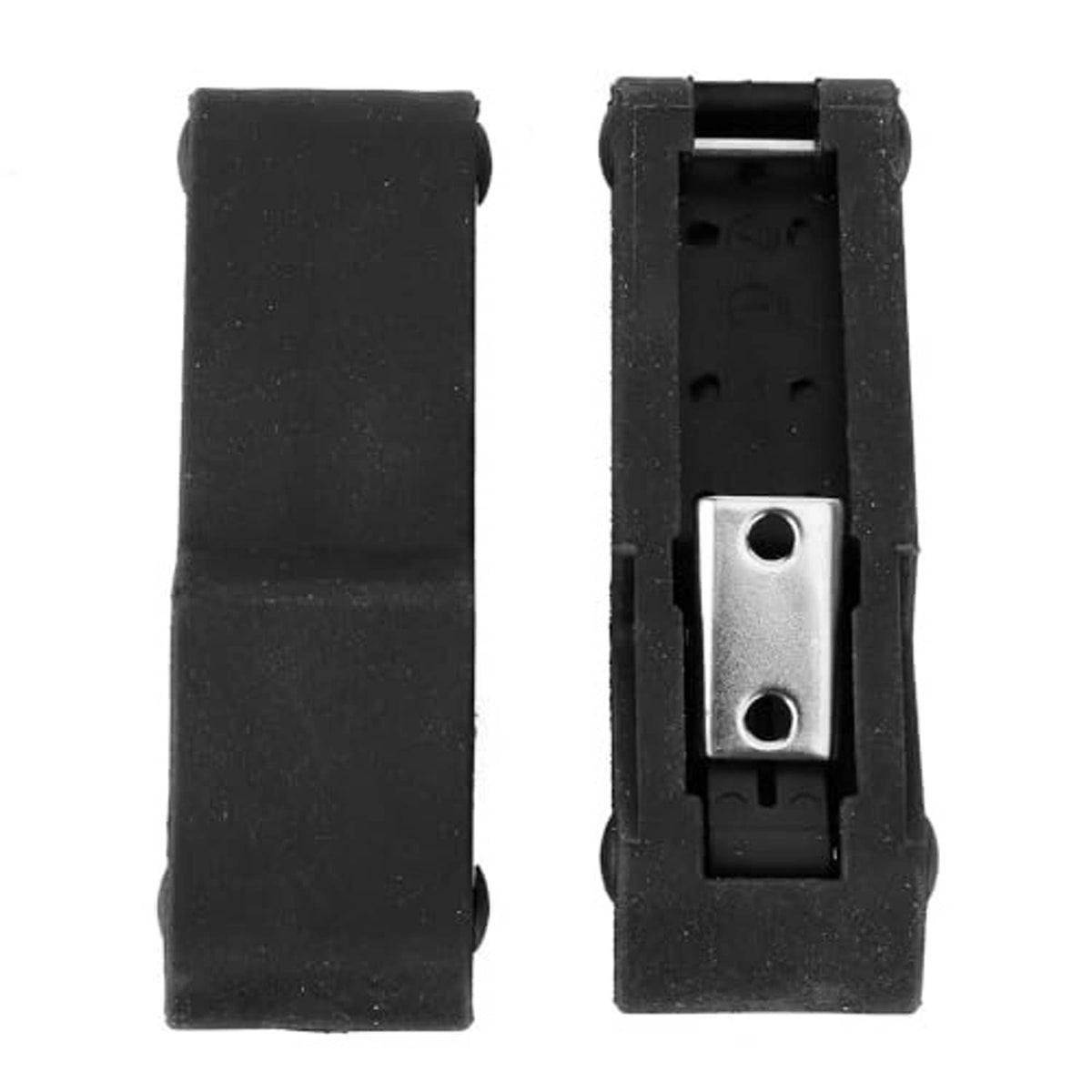 Black rubber latch with exposed metal insert and two mounting holes