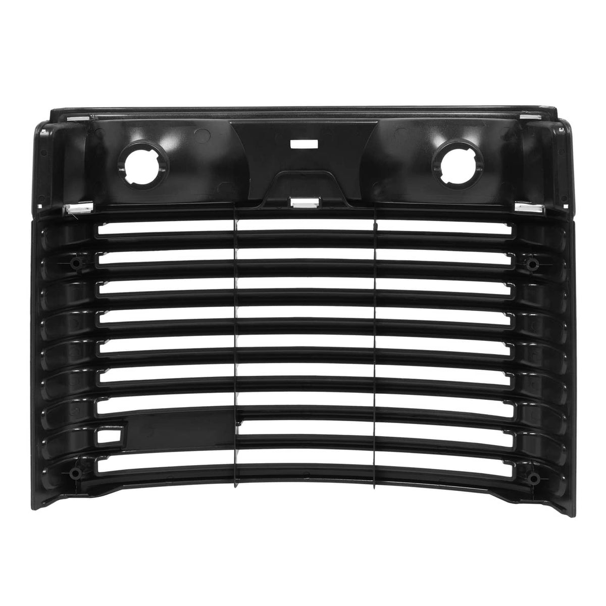 Front hood grille backing panel with horizontal bars and two circular openings