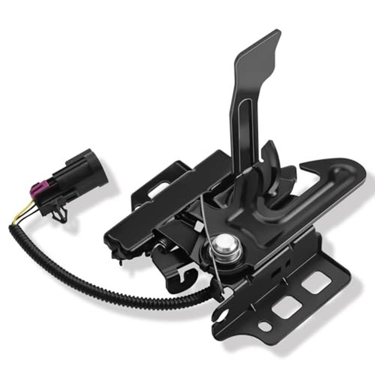 Black hood latch lock assembly with bracket tabs and latching lever, with cable