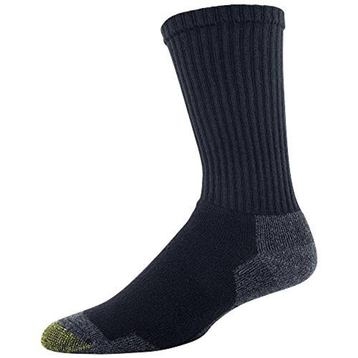 Single men's crew sock, dark black with cushioned foot and olive-green toe