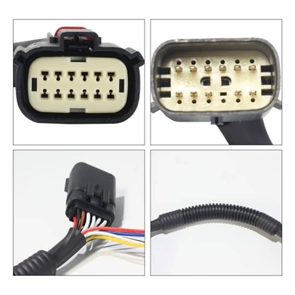 Tail light harness adapter with multi-pin male plug and connector pin close-up