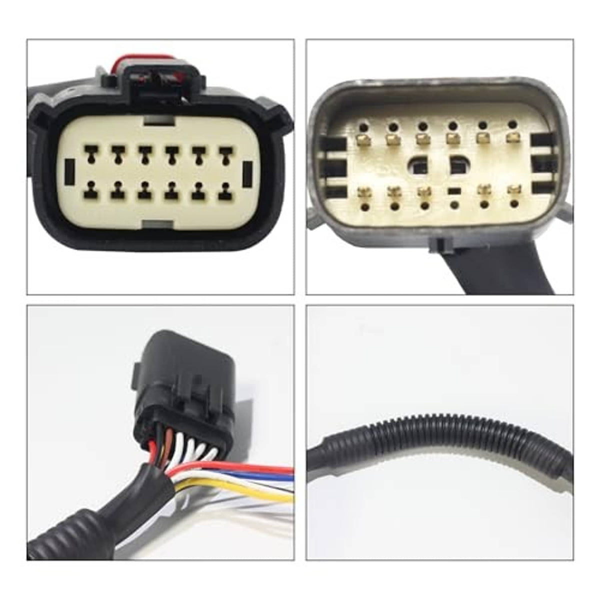 Tail light harness adapter with multi-pin male plug and connector pin close-up