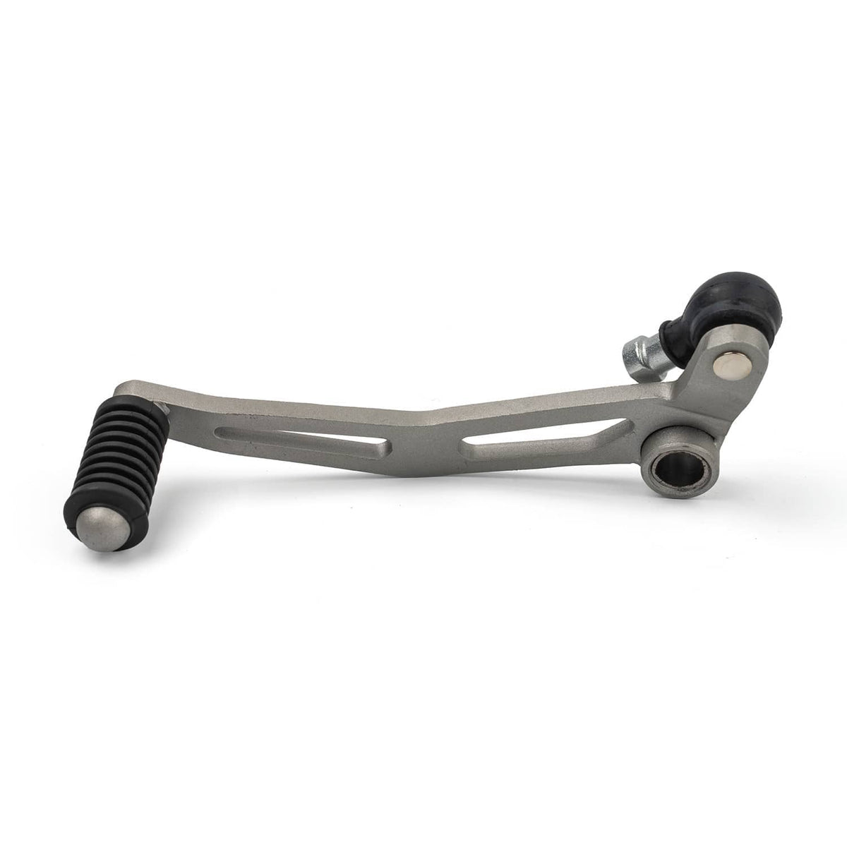 Motorcycle driver foot peg bracket, silver metal frame with black rubber footrest
