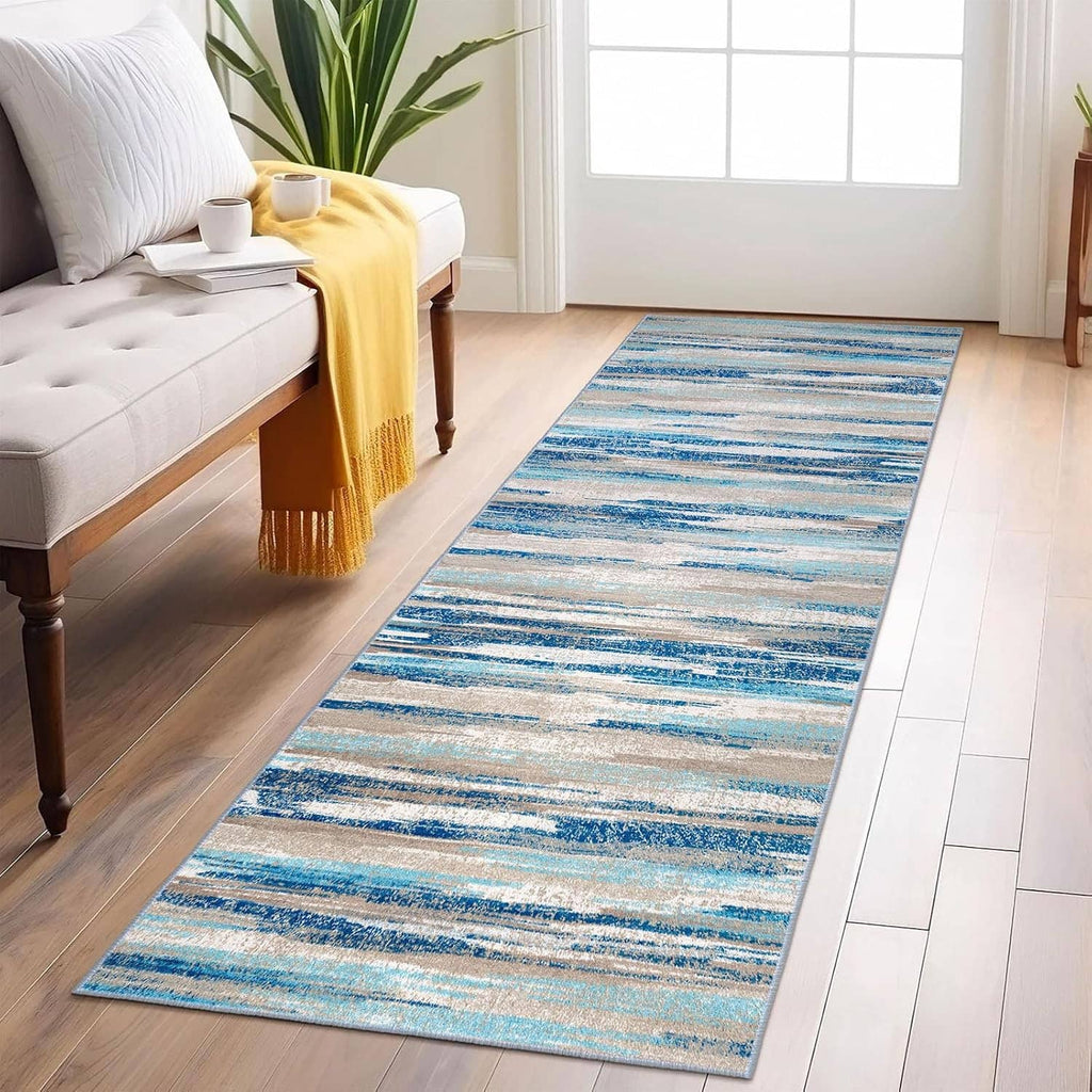 Blue abstract striped runner rug, rectangular with non-slip backing for hallway