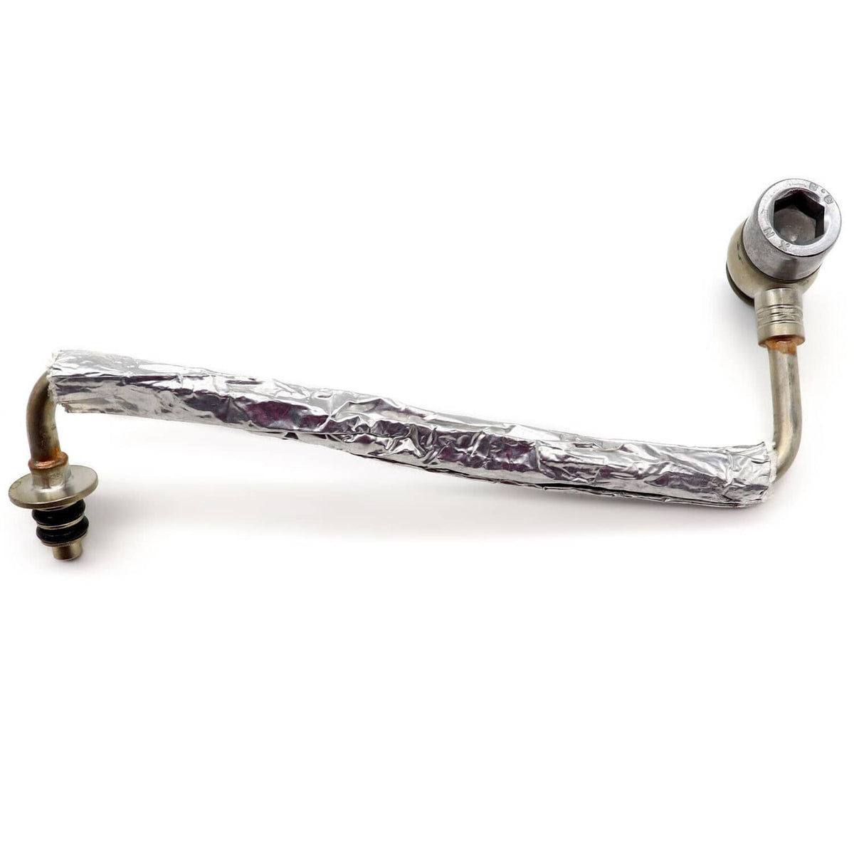 Foil-wrapped turbo oil feed pipe tube with two mounting points and threaded top fitting