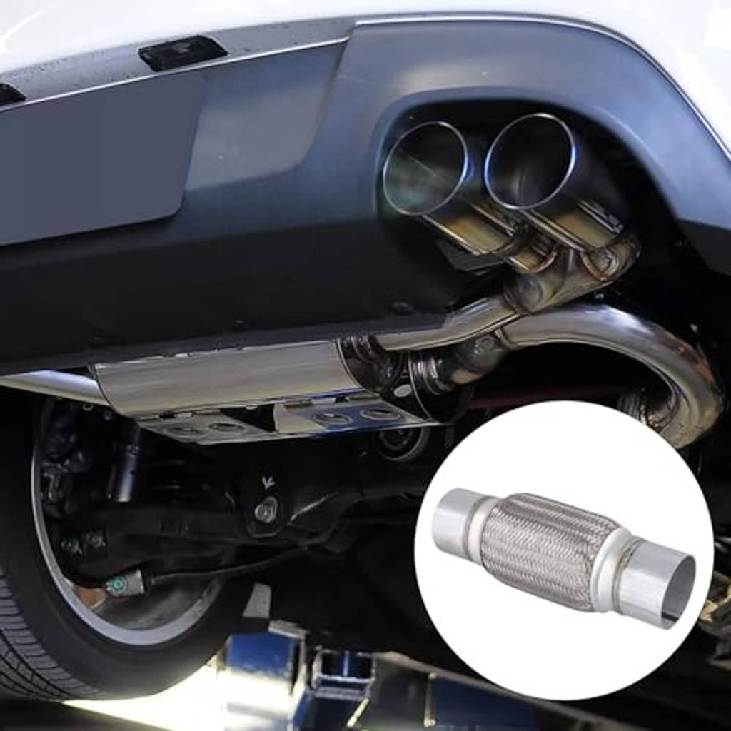 Stainless steel double-braided exhaust flex pipe shown on vehicle underside