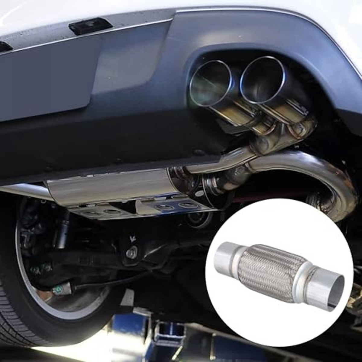 Stainless steel double-braided exhaust flex pipe shown on vehicle underside